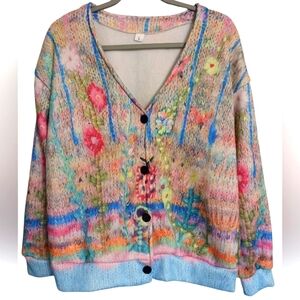 WOMEN'S MULTICOLORED FLORAL ABSTRACT CASUAL CARDIGAN SWEATER SIZE LARGE